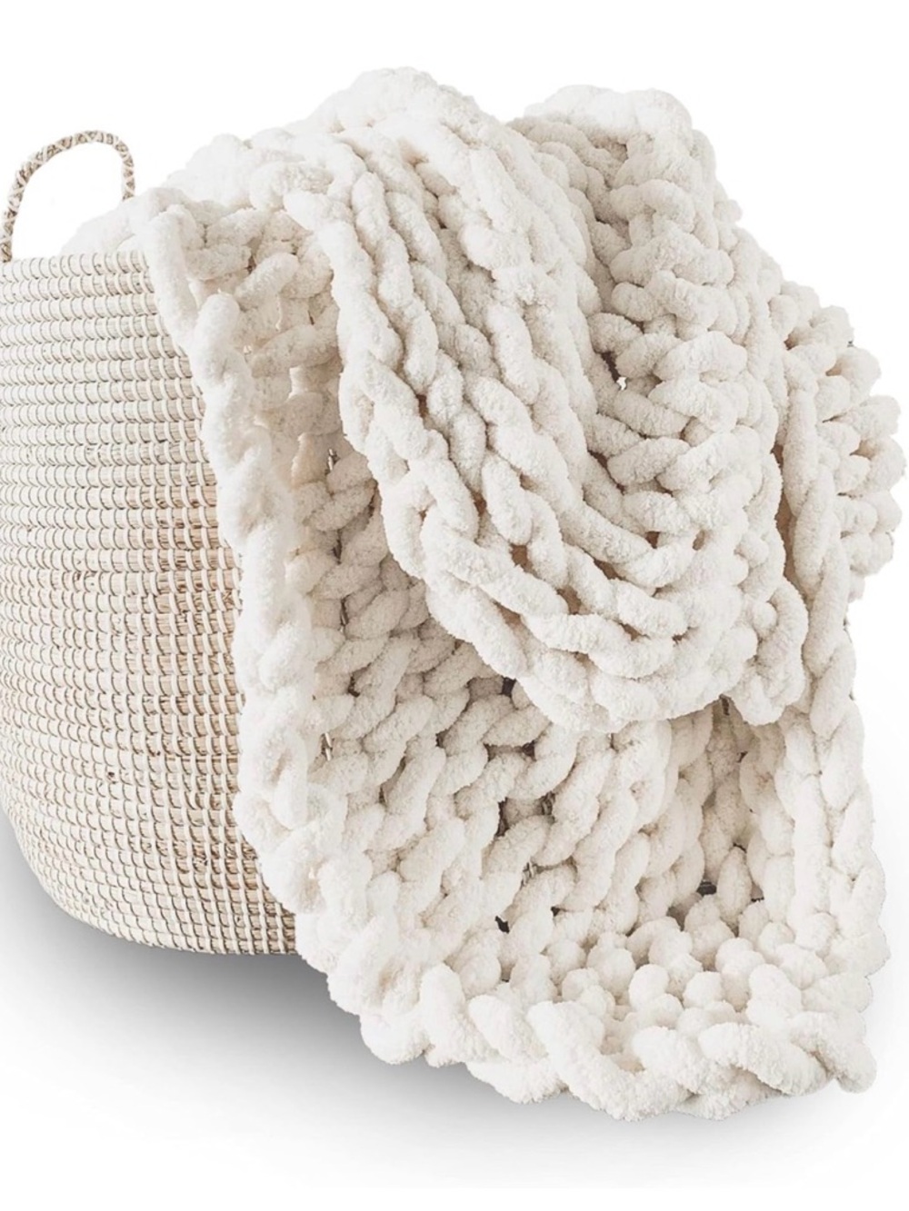 Chunky Knit Plush Throw Blanket in White